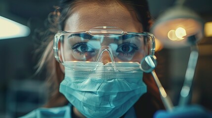 Poster - Dentist in mask and goggles, precision tools in hand, bright clinical light, close up 
