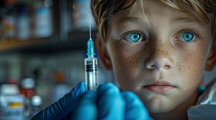 Poster - Child receiving a vaccine, brave face, clear focus, close up, compassionate setting 