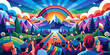 © Pavel - Colorful illustration depicting a joyous lgbtq pride parade with participants waving flags, set against a backdrop of mountains, rainbow, and a symbolic heart-shaped sun