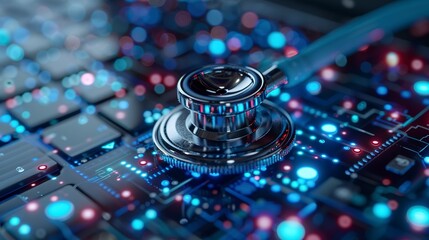 Poster - Digital stethoscope connected to computer, modern diagnosis, close up, high-tech gleam 