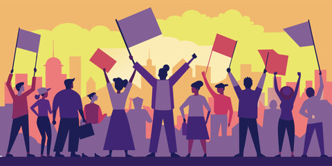 Illustration of a diverse crowd of people protesting peacefully with raised banners against a sunset cityscape, symbolizing unity and the fight for social justice and change