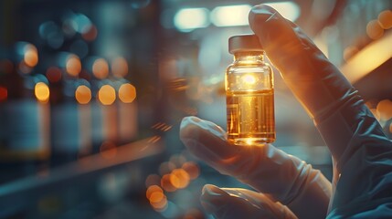 Canvas Print - Hand holding a vaccine vial, sterile gloved, bright light, close up, promise of protection 