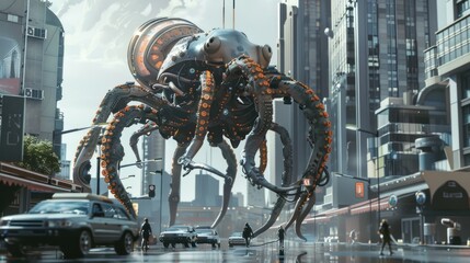 Giant monster squid Alien robot is walking in modern road city AI generated image