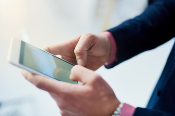 Leinwandbilder - Hands, businessman and cellphone in workplace for communication, networking and email. Technology, contact and social media on mobile for research, marketing and corporate male person in office