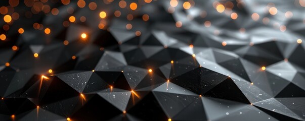 Poster - artistic depiction of the future, characterized by dark polyhedrons and luminous beams