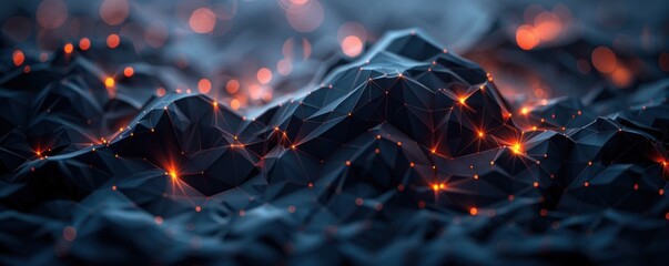 Poster - artistic depiction of the future, characterized by dark polyhedrons and luminous beams.