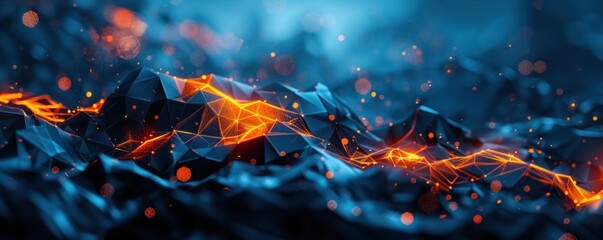 Poster - modern abstract background with intricate black geometric shapes and glowing hues.
