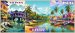 © Creative_Juice_Art - Set of Travel Destination Posters in retro style. Vietnam, India, Belize digital prints. Exotic summer vacation, holidays concept. Vintage vector colorful illustrations.