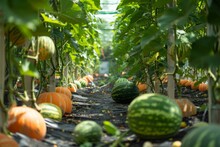 Sun-dappled View Of A Watermelon And Pumpkin Patch In A Greenhouse, Showcasing A Mix Of Ripe Fruits, Greenhouse Garden With Watermelons And Pumpkins, Highlighting The Variety Of Crops
