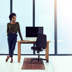 Poster - Black woman, thinking and consultant at office, designer and small business owner at desk. Female person, entrepreneur and proud of career opportunity at creative agency, planning and computer screen