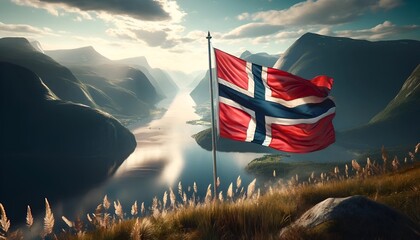 Wall Mural - Realistic illustration for norway's constitution day with a serene norwegian fjord landscape.