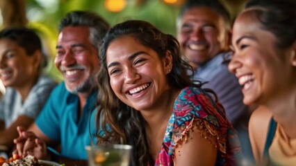 Wall Mural - A heartwarming scene unfolds as parents and teenagers gather around the table, sharing stories, laughter, and love over delicious food and drinks.