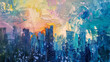 A vivid oil painting of an abstract cityscape at dusk, where sweeping strokes of blues and purples blend into a fiery sunset, evoking a dynamic urban atmosphere.
