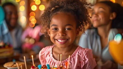 Wall Mural - Attractive little black girl celebrates birthday with cake and candles Surrounded by pastel balloons and festive decorations.