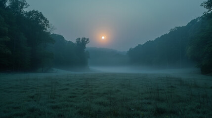 Sticker - a small wooded valley in Kentucky at dusk there is fog and a mysterious orb of sparkling lightening in the middle of the scene