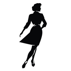 Wall Mural - Woman with dress running flat black and white silhouette vector illustration