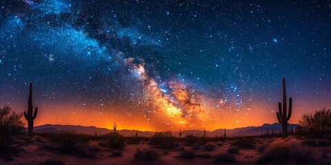In the desert night, the Milky Way fills the sky, a stunning display of cosmic beauty.