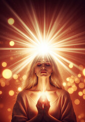 Wall Mural - woman prayer with divine light above her and dreamy expression, very realistic illustration in digit