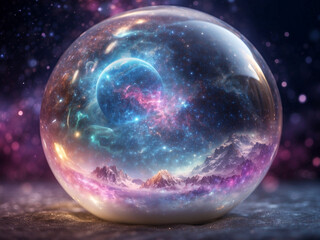 Wall Mural - crystal ball with alien landscape with nebula and planet like universe fantasy background