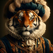 Realistic lifelike tiger in renaissance regal medieval noble royal outfits, commercial, editorial advertisement, surreal surrealism. 18th-century historical	