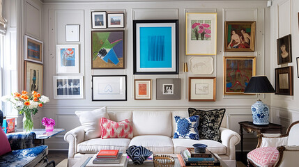 Wall Mural - A gallery wall adorned with eclectic frames showcasing abstract artwork.