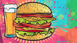 Pop art Sandwich and beer. Colorful background in pop art retro comic style. Snack food