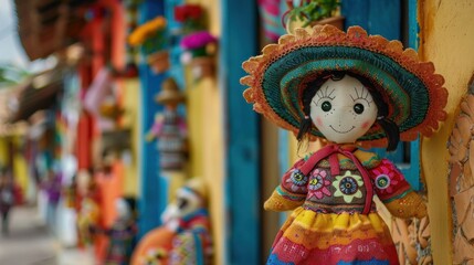 Mexican rag doll in a traditional dress on a mexican village