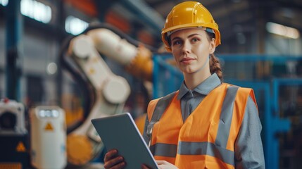 Ultra-realistic image of a happy woman engineer in a vest and helmet holding a tablet