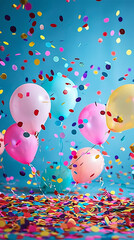 birthday background with confetti rain and ballons 