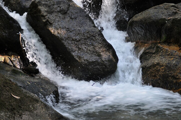 Mountain river water flowing around a rock, with motion blur