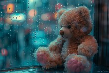 Teddy Bear Behind The Glass With Raindrops On A Rainy Day