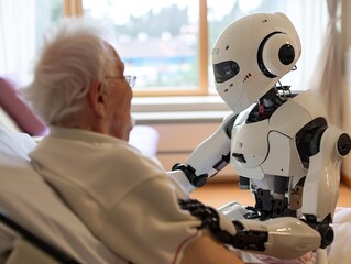 Future of geriatric care with robots in nursing homes. Innovative Personal Android Companion. Helping Senior Man with her Daily Life