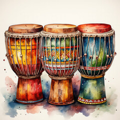 Wall Mural - Watercolor Djembe Illustration, Generative Ai