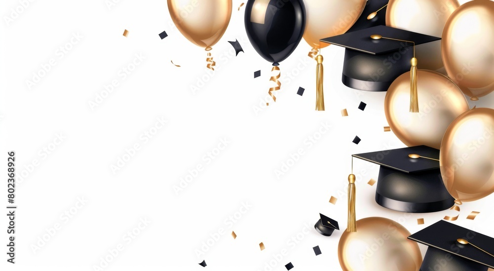 Black and white graduation caps with golden balloons flying on the ...