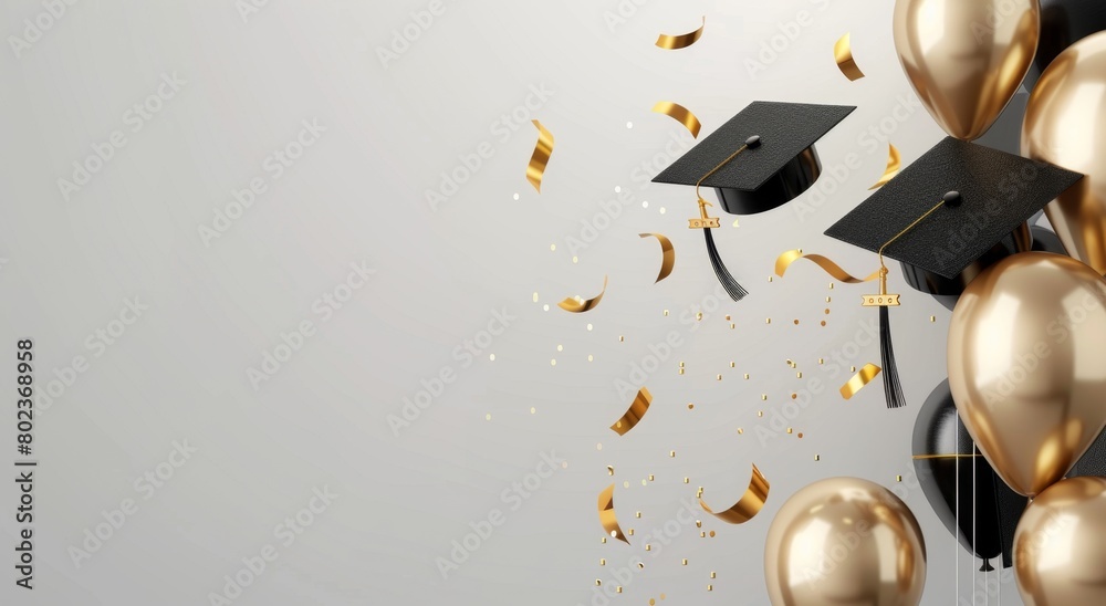 Black and white graduation caps with golden balloons flying on the ...