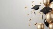 © SKIMP Art - Black and white graduation caps with golden balloons flying on the right side of poster, celebration banner template design Generative AI