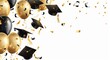 © SKIMP Art - Falling black and gold graduation caps background with confetti and balloons on white background Generative AI