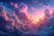 Fantasy colorful sky with clouds and sun rays,   illustration