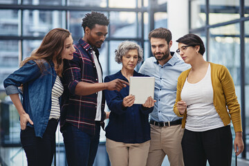 Poster - Tablet, group and business people in office for opinion, online agenda or schedule for planning. Manager, men and women in lobby on digital app for consulting, advice and teamwork at creative agency