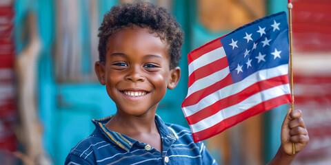 Wall Mural - Portrait of a happy smiling little African American boy with the national flag of America in his hands. The concept of celebrating Independence Day in America on July 4th.