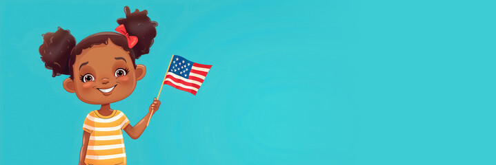 Poster - Illustration. A little African-American girl with the national flag of America on a blue isolated background. The concept of celebrating U.S. Independence Day on July 4th. Banner, place for text