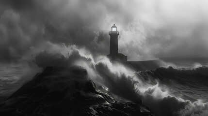 Sticker - The scene is dark and moody, with the lighthouse providing a sense of hope