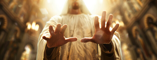 Wall Mural - jesus, man and church with hands for gesture with prayer for forgiveness with worship or praise. chr