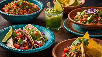 Wall Mural - Mexican tacos with beef, guacamole, avocado and salsa on wooden table