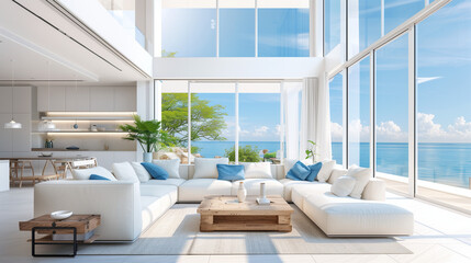Poster - A modern living room with large windows overlooking the ocean, featuring white sofas and blue accents. The interior is bright and airy, perfect for relaxation or social gatherings. The artwork on the 