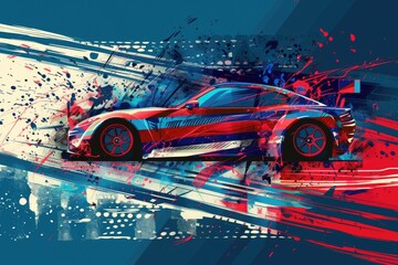 A vibrant red and blue sports car with colorful paint splatters. Ideal for automotive or creative design projects