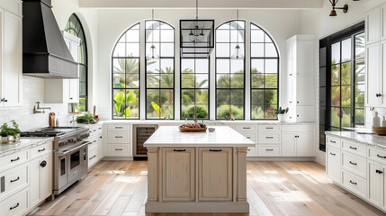 Poster - 3d rendering of large dining room with white cabinets, arched windows and blue walls. The kitchen has an island table surrounded by chairs on top of area rug. In the background is glass door leading t