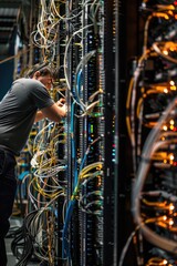 Poster - A man working on a server in a server room. Suitable for technology concepts