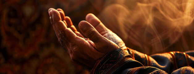 Wall Mural - hands, open and spiritual in prayer for islam or healing, banner with smoke for repent. palm, faith 