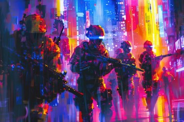 Poster - Group of soldiers walking down a street at night, suitable for military or urban themes